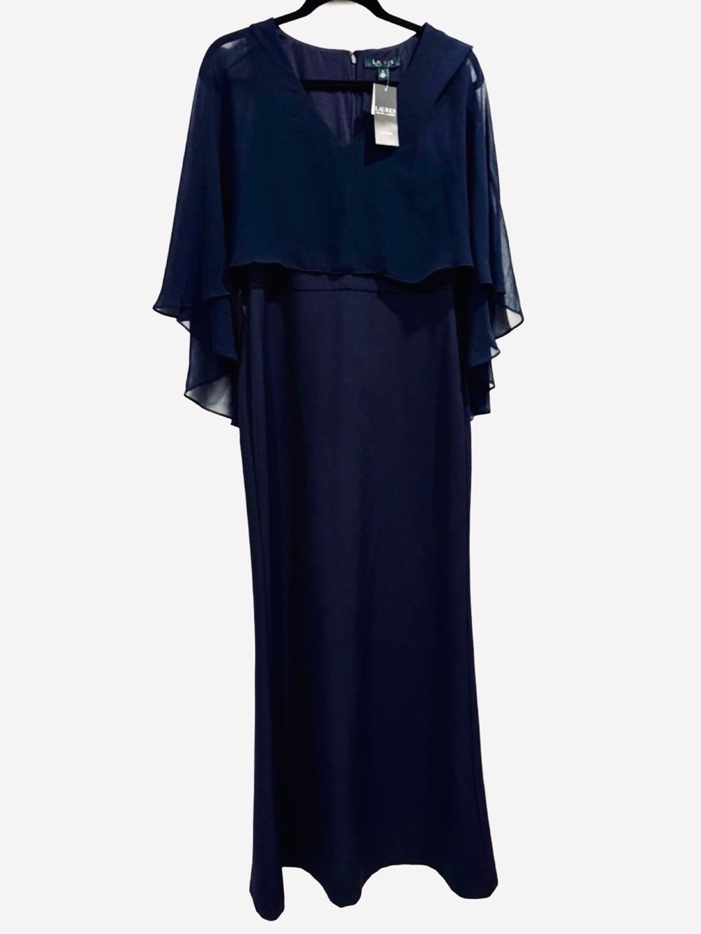 Lauren Ralph Lauren Navy Blue Mother of Bride Chiffon Cape Evening Dress 4 NWT